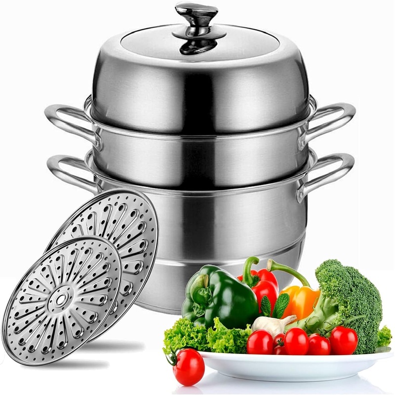 Stainless Steel Steamer Pot Thick-bottomed, 3 Tier Food Steamer for Cooking, Large Metal Steam Cooker, Work for Induction and Stove, Suitable for Tamale, Vegetable, Dumpling and Seafood | Bigbigmart.com