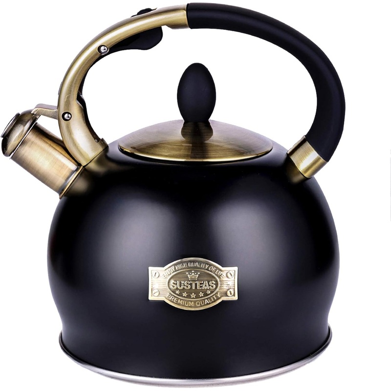 SUSTEAS Stove Top Whistling Tea Kettle – Food Grade Stainless Steel Teakettle Teapot with Cool Touch Ergonomic Handle, With 1 Silicone Pinch Mitt Included, 2.64 Quart(BLACK) | Bigbigmart.com