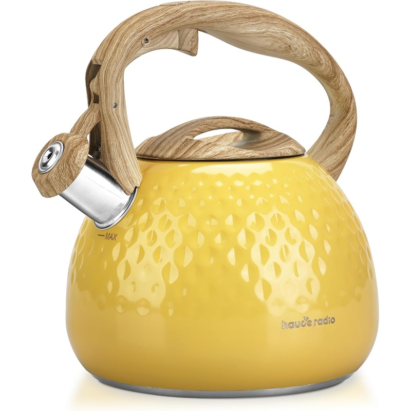 Tea Kettle, Stovetop Teapot, 2.5 Quart, Loud Whistle, Food Grade Stainless Steel and Smooth Wood Pattern Handle, Sophisticated Look for Hiking, Picnic, for Tea, Coffee, (Yellow) | Bigbigmart.com