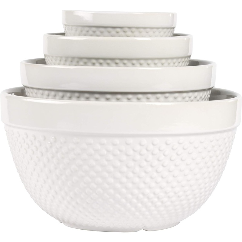 TTU Tabletops Gallery Hobnail Style 4 Piece Classic White Stoneware Nesting Mixing Bowl Set for Baking and Cooking | Bigbigmart.com