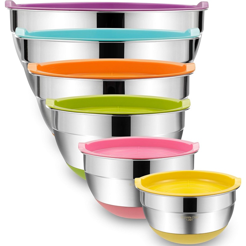 Umite Chef Mixing Bowls with Airtight Lids, 6 Piece Stainless Steel Metal Bowls, Measurement Marks & Colorful Non-Slip Bottoms Size 7, 3.5, 2.5, 2.0,1.5, 1QT, Great for Mixing & Serving | Bigbigmart.com
