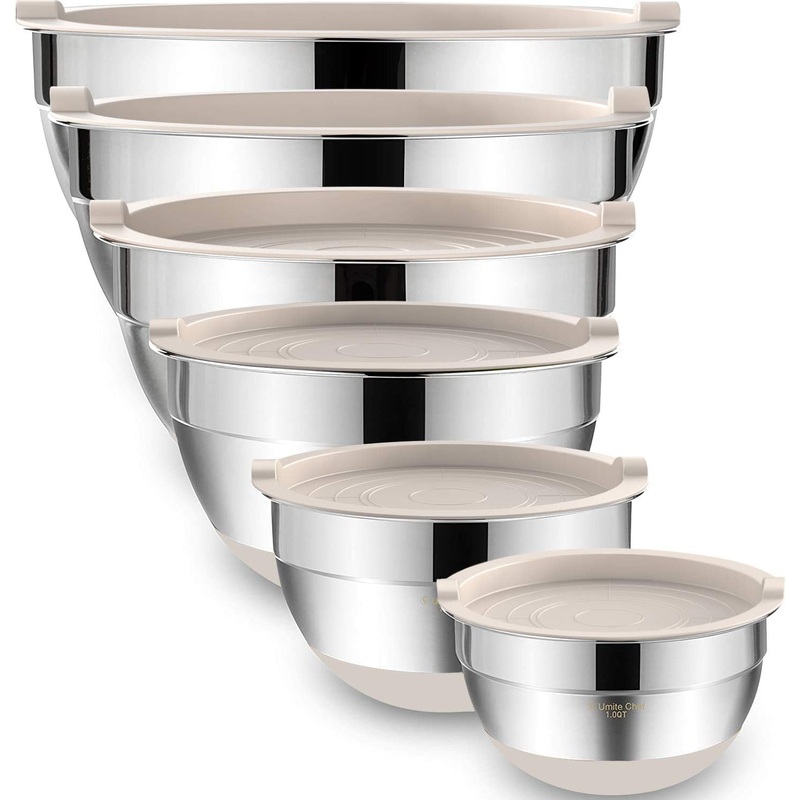 Umite Chef Mixing Bowls with Airtight Lids, 6 piece Stainless Steel Metal Nesting Storage Bowls, Non-Slip Bottoms Size 7, 3.5, 2.5, 2.0,1.5, 1QT, Great for Mixing & Serving (Khaki) | Bigbigmart.com