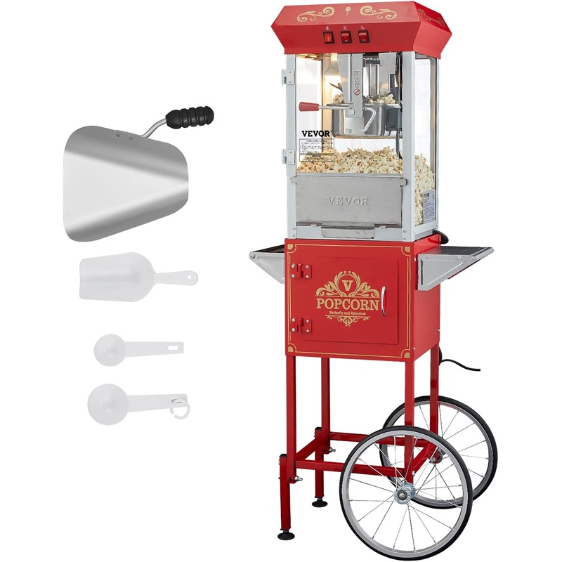 VEVOR Commercial Popcorn Machine, 8 Oz Kettle, 850 W Popcorn Maker on Wheels for 48 Cups per Batch, Theater Style Popper with 3-Switch Control Steel Frame Tempered Glass Doors Cart 1 Scoop 2 Spoons | Bigbigmart.com
