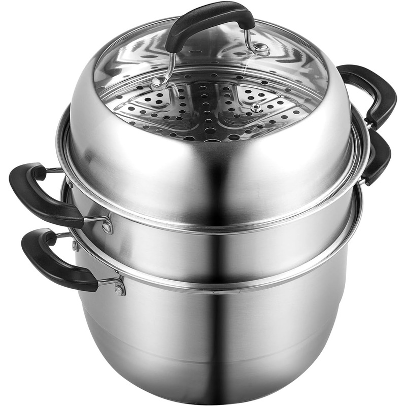 VEVOR Steamer Pot 11in/28cm, 3 Tier Steamer Pot for Cooking with 8.5QT Stock Pot, Vegetable Steamer & 2 Steaming Tray, Food-Grade 304 Stainless Steel Food Steamer Cookware for Gas Electric Stove Grill | Bigbigmart.com
