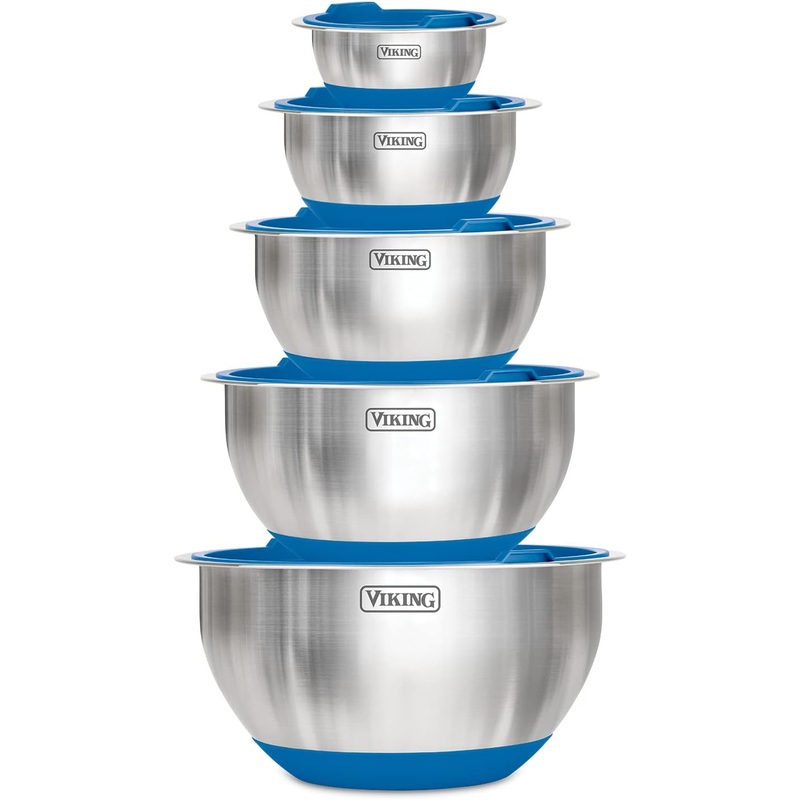 VIKING Culinary Stainless Steel Mixing Bowl Set, 10 piece, Non-slip Silicone Base, Includes Airtight Lids, Dishwasher Safe, Blue | Bigbigmart.com