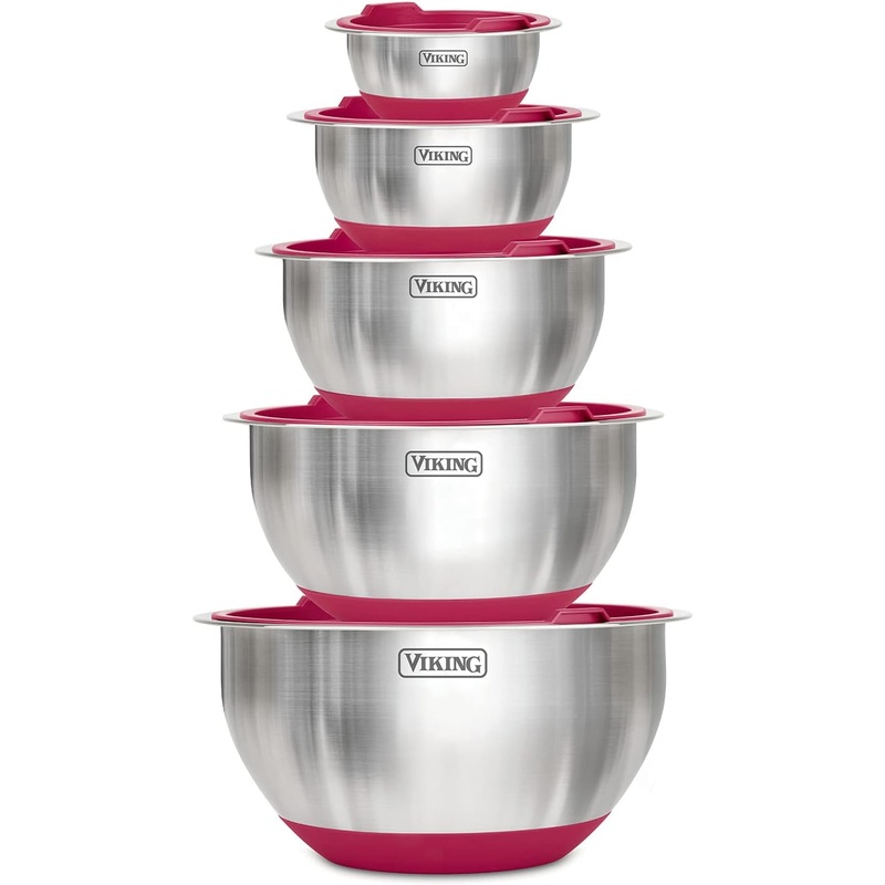 VIKING Culinary Stainless Steel Mixing Bowl Set, 10 piece, Non-slip Silicone Base, Includes Airtight Lids, Dishwasher Safe, Red | Bigbigmart.com