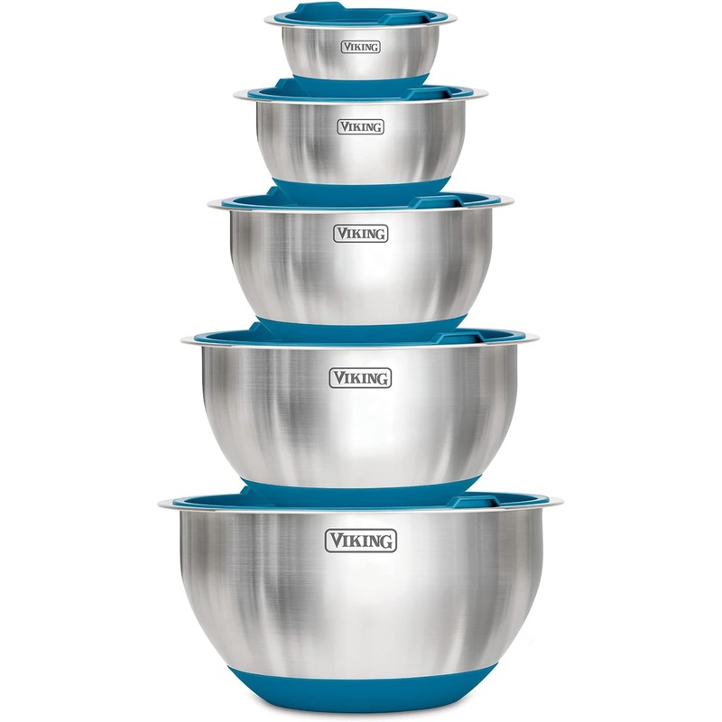 VIKING Culinary Stainless Steel Mixing Bowl Set, 10 piece, Non-slip Silicone Base, Includes Airtight Lids, Dishwasher Safe, Teal | Bigbigmart.com