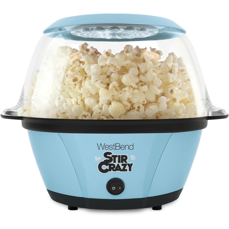 West Bend PC8270BL13 Stir Crazy Hot Oil Popcorn Popper, Popcorn Maker Machine with Large Serving Bowl Lid and Stirring Rod, 6 Qt, Blue | Bigbigmart.com