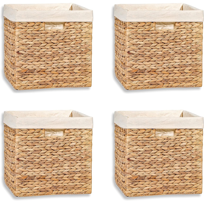 12 Foldable Hyacinth Storage Basket with Iron Wire Frame and Removable Liner By Trademark Innovations (Set of 4) | Bigbigmart.com