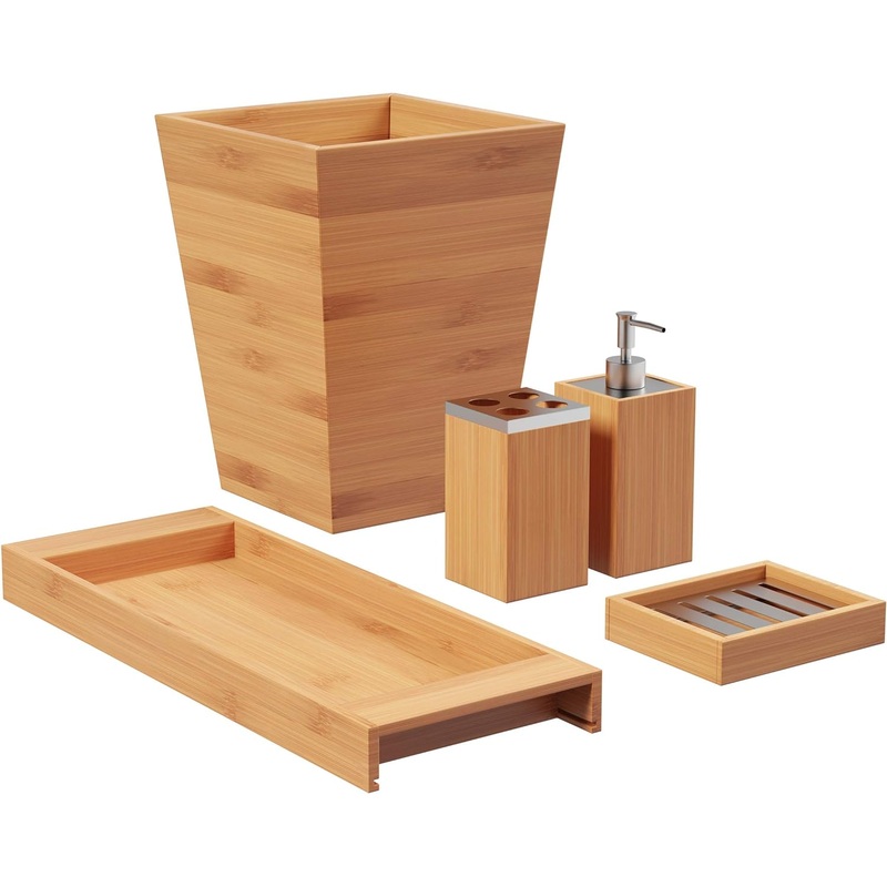 5-Piece Bathroom Decor Set – Bamboo Vanity Accessories with Trash Bin, Soap Dish, Soap Dispenser, Toothbrush Holder, and Tray by Lavish Home (Natural) | Bigbigmart.com