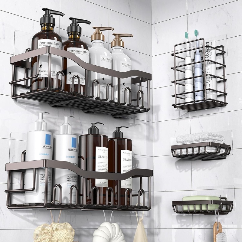 Adhesive Shower Caddy, 5 Pack Stainless Steel Bath Organizers With No Drilling, Large Capacity, Rustproof, For Bathroom Storage & Home Decor (Dark Brown) | Bigbigmart.com