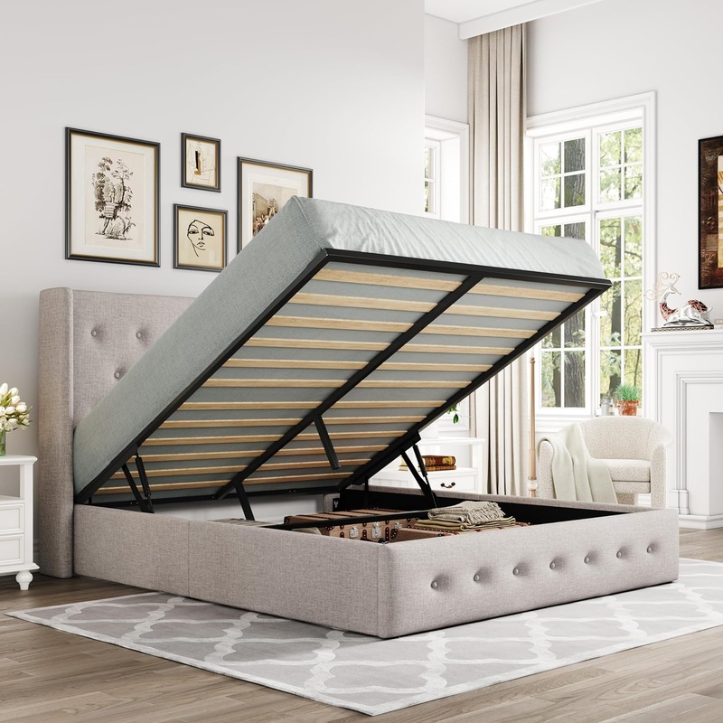 Allewie Full Size Lift Up Storage Bed, Button Tufted Headboard with Wingback, No Box Spring Needed, Hydraulic Storage, Light Beige | Bigbigmart.com