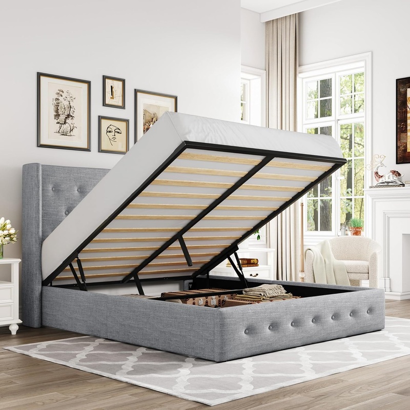 Allewie Full Size Lift Up Storage Bed, Button Tufted Headboard with Wingback, No Box Spring Needed, Hydraulic Storage, Light Grey | Bigbigmart.com