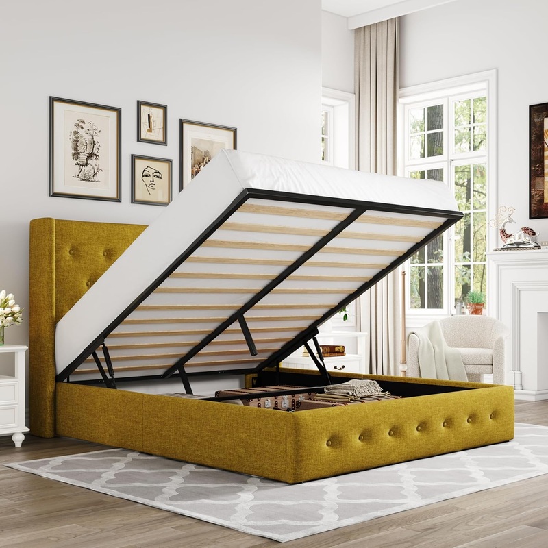 Allewie Full Size Lift Up Storage Bed, Button Tufted Headboard with Wingback, No Box Spring Needed, Hydraulic Storage, Olive Yellow | Bigbigmart.com