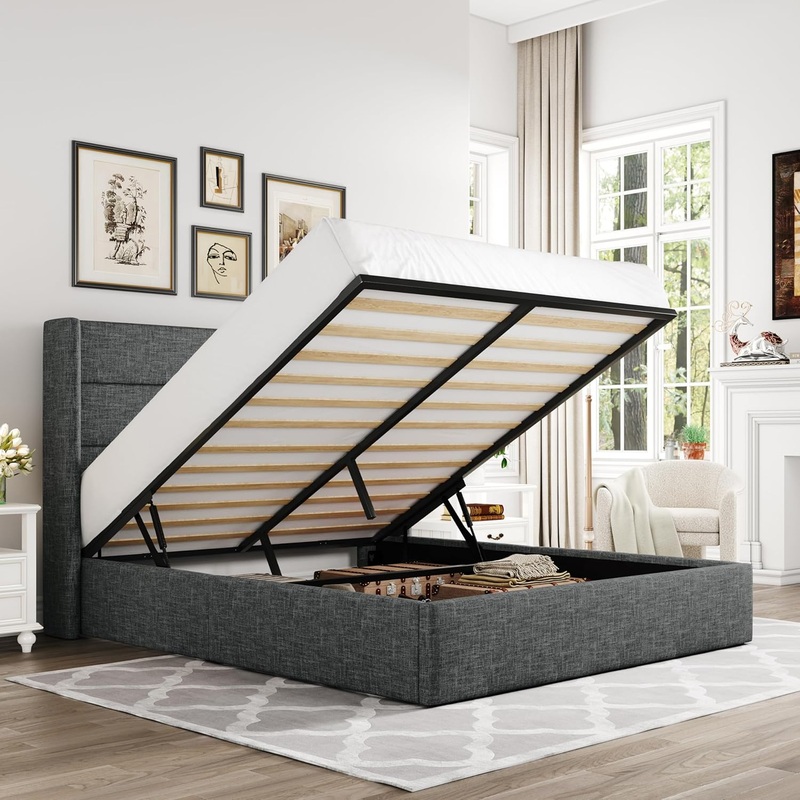 Allewie Full Size Lift Up Storage Bed, Modern Wingback Headboard, No Box Spring Needed, Hydraulic Storage, Dark Grey | Bigbigmart.com
