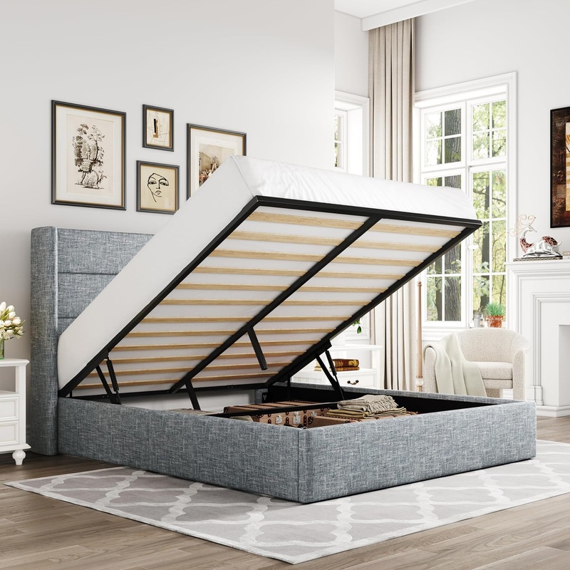 Allewie Full Size Lift Up Storage Bed, Modern Wingback Headboard, No Box Spring Needed, Hydraulic Storage, Grey Blue | Bigbigmart.com