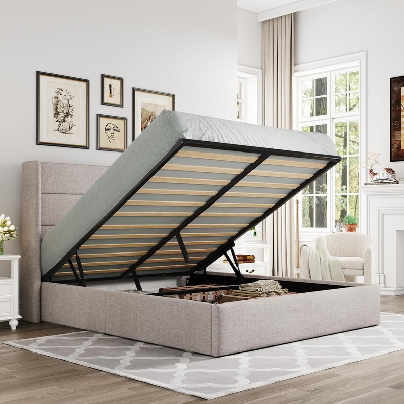 Allewie Full Size Lift Up Storage Bed, Modern Wingback Headboard, No Box Spring Needed, Hydraulic Storage, Light Beige | Bigbigmart.com