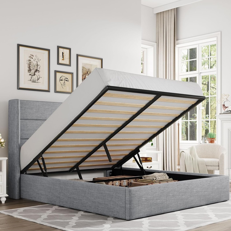 Allewie Full Size Lift Up Storage Bed, Modern Wingback Headboard, No Box Spring Needed, Hydraulic Storage, Light Grey | Bigbigmart.com