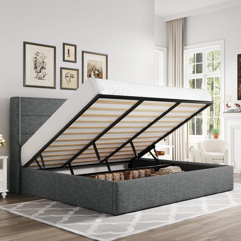Allewie King Size Lift Up Storage Bed,Modern Wingback Headboard,Hydraulic Storage,No Box Spring Needed,Dark Grey | Bigbigmart.com