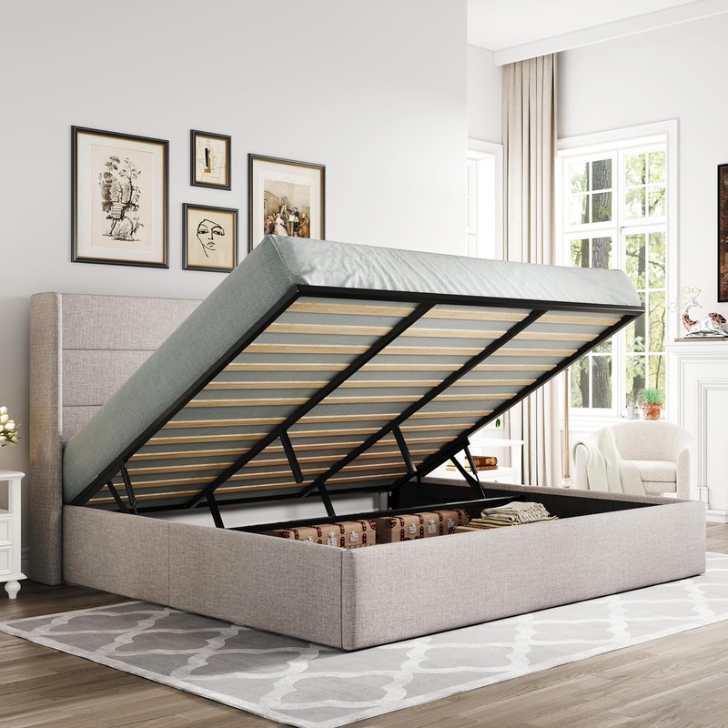 Allewie King Size Lift Up Storage Bed, Modern Wingback Headboard, No Box Spring Needed, Hydraulic Storage, Light Beige | Bigbigmart.com
