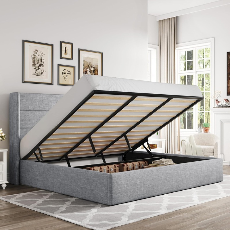 Allewie King Size Lift Up Storage Bed, Modern Wingback Headboard, No Box Spring Needed, Hydraulic Storage, Light Grey | Bigbigmart.com