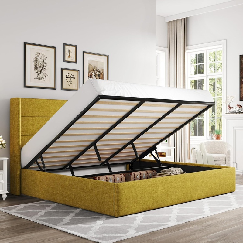 Allewie King Size Lift Up Storage Bed, Modern Wingback Headboard, No Box Spring Needed, Hydraulic Storage, Olive Yellow | Bigbigmart.com