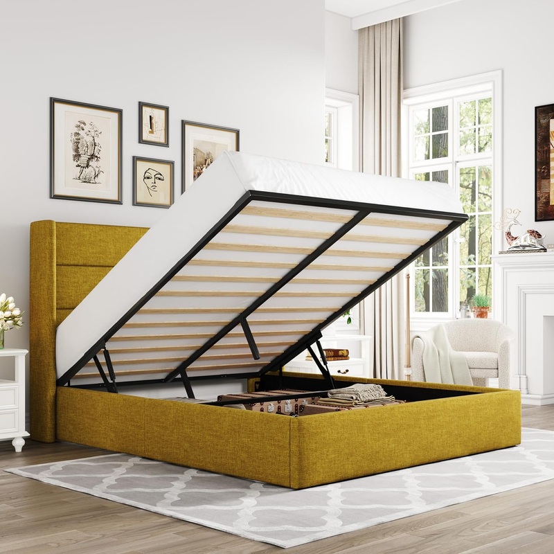 Allewie Queen Size Lift Up Storage Bed, Modern Wingback Headboard, No Box Spring Needed, Hydraulic Storage, Olive Yellow | Bigbigmart.com