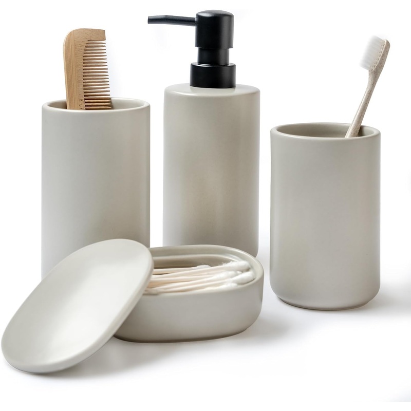 Beige Bathroom Accessory Sets, 4 Pieces Bathroom Accessories Complete Set Vanity Countertop Accessory Set, includes Lotion Dispenser Soap Pump, Tumbler, Toothbrush Holder, Qtip Holder | Bigbigmart.com