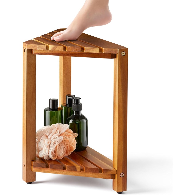 BLUEWEST Corner Shower Stool, Wooden Corner Shower Bench for Shaving Legs Inside Shower, Waterproof Shower Foot Rest with Storage Shelf, Shower Seats and Benches | Bigbigmart.com
