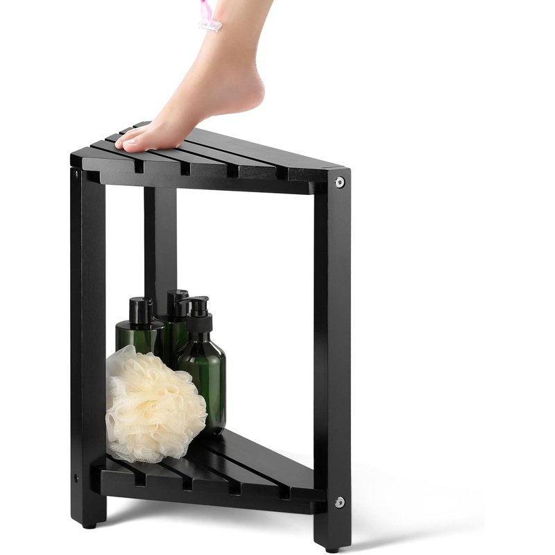 BLUEWEST Shower Foot Stool for Shaving Legs, Acacia Wood Shower Foot Rest, Bathroom Foot Step Stool for Inside Shower, Shower Bench, Corner Shower Stool for Small Shower Spaces (Black) | Bigbigmart.com
