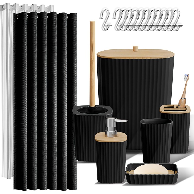 Clara Clark Bathroom Accessories Set – Bathroom Set, 20PC Bathroom Accessory Set, Black Shower Curtain Set, Toilet Brush, Trash Can & Soap Dispenser | Bigbigmart.com