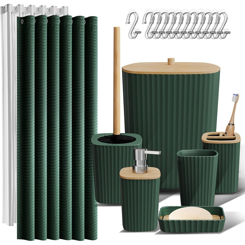 Clara Clark Bathroom Accessories Set – Green Bathroom Set, 20PC Bathroom Accessory Set, Shower Curtain Set, Toilet Brush, Trash Can & Soap Dispenser | Bigbigmart.com
