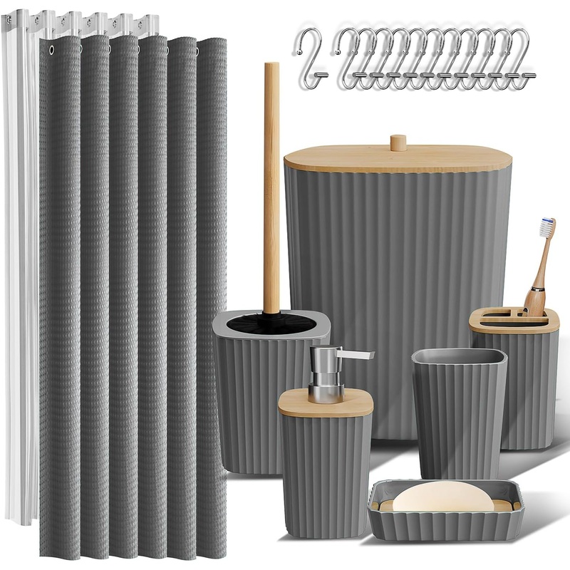 Clara Clark Bathroom Accessories Set – Grey Bathroom Set, 20PC Bathroom Accessory Set, Shower Curtain Set, Toilet Brush, Trash Can & Soap Dispenser | Bigbigmart.com