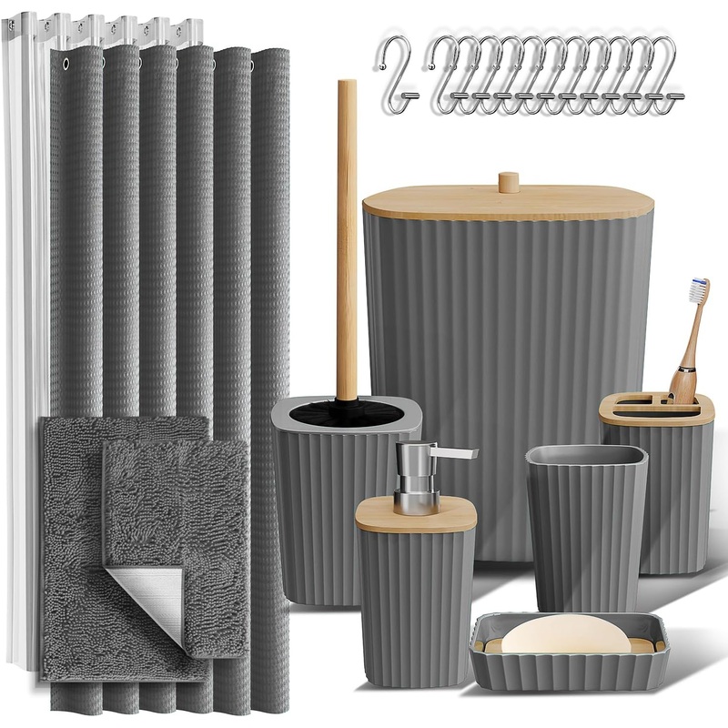 Clara Clark Bathroom Accessories Set – Grey Bathroom Set, Bathroom Sets with Shower Curtain and Rugs, 22PC Shower Curtain Set with Bathroom Trash Can | Bigbigmart.com