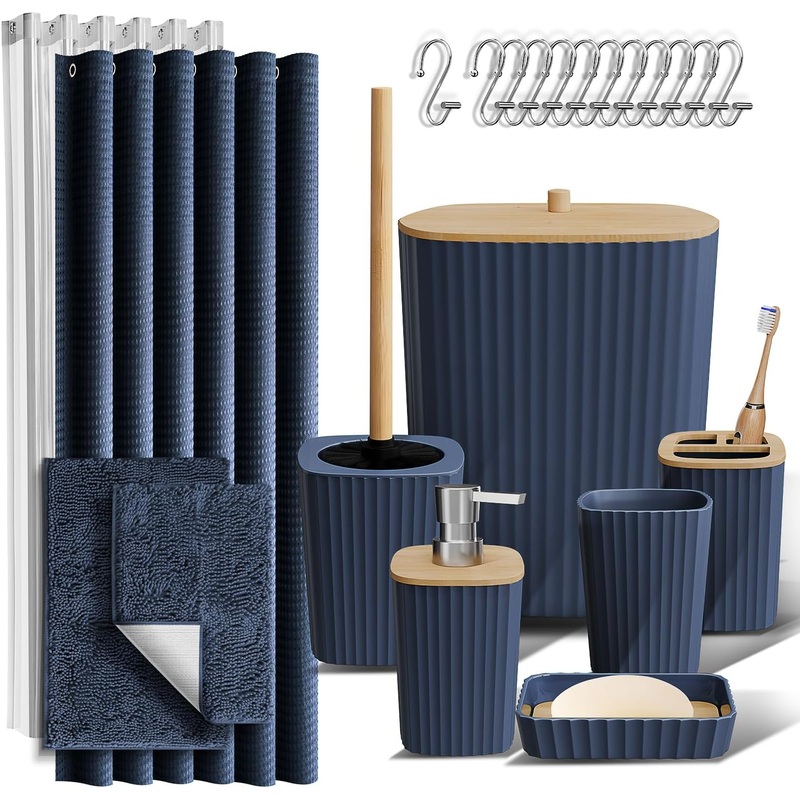 Clara Clark Bathroom Accessories Set – Navy Bathroom Set, Bathroom Sets with Shower Curtain and Rugs, 22PC Shower Curtain Set with Bathroom Trash Can | Bigbigmart.com