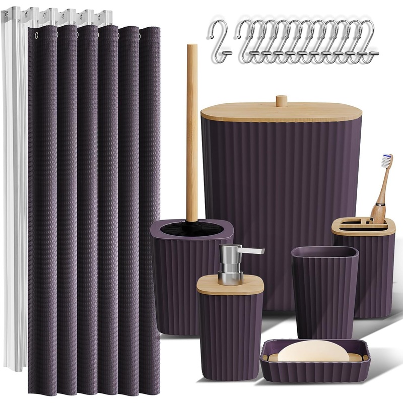 Clara Clark Bathroom Accessories Set – Purple Bathroom Set, 20PC Bathroom Accessory Set, Shower Curtain Set, Toilet Brush, Trash Can & Soap Dispenser | Bigbigmart.com