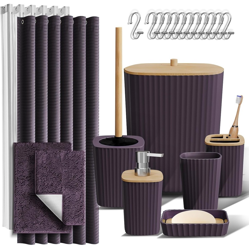 Clara Clark Bathroom Accessories Set – Purple Bathroom Set, Bathroom Sets with Shower Curtain and Rugs, 22PC Shower Curtain Set with Trash Can | Bigbigmart.com