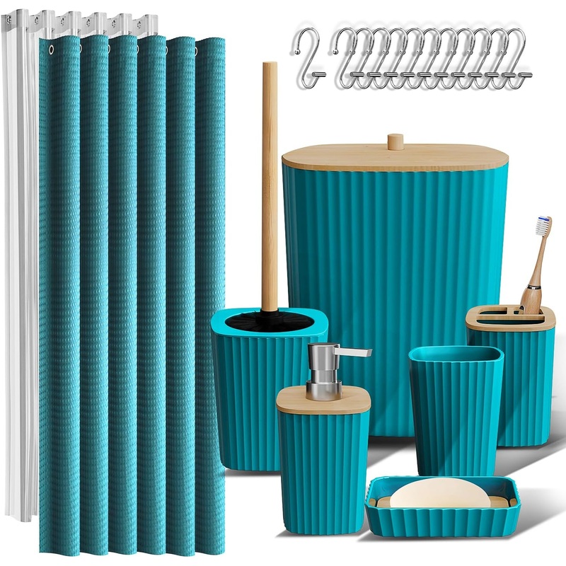 Clara Clark Bathroom Accessories Set – Teal Bathroom Set, 20PC Bathroom Accessory Set, Shower Curtain Set, Toilet Brush, Trash Can & Soap Dispenser | Bigbigmart.com