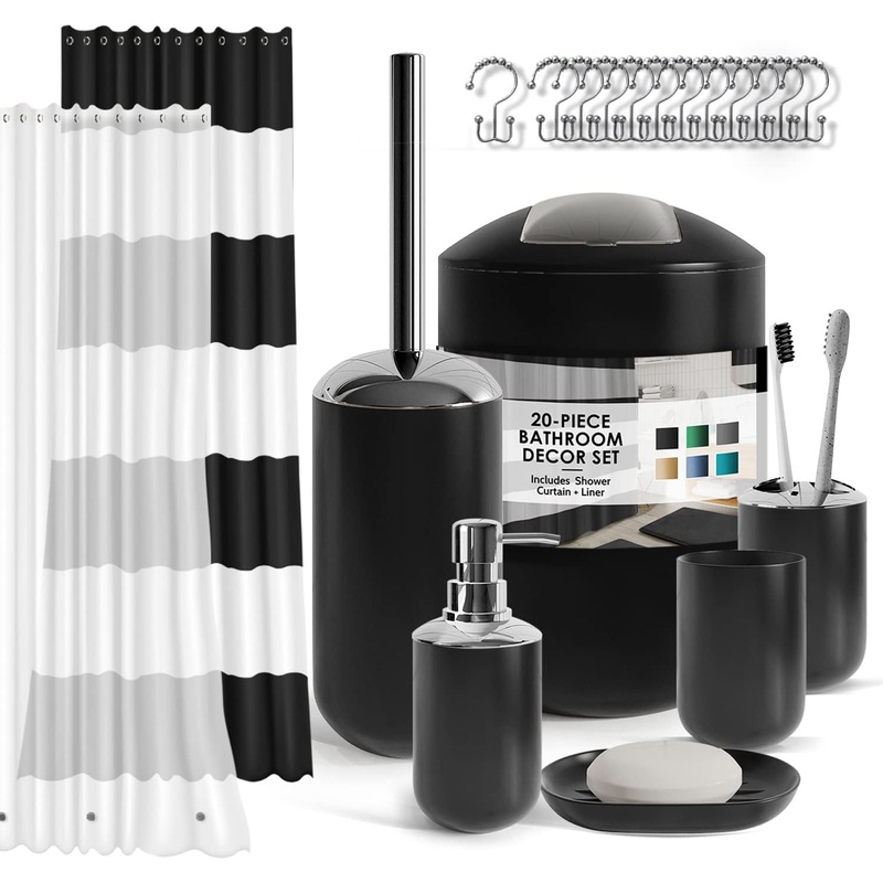 Clara Clark Bathroom Set – Black Bathroom Accessories Set, 20PC Bathroom Accessory Set, Shower Curtain Set, Soap Dispenser, Toilet Brush, & Trash Can | Bigbigmart.com