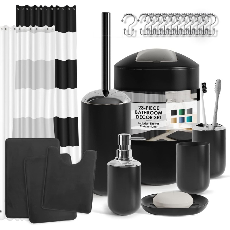 Clara Clark Bathroom Set – Black Bathroom Accessories Set, Bathroom Sets with Shower Curtain and Rugs, 23PC Shower Curtain Set with Liner, Soap Dispenser, Toilet Brush, & Trash Can | Bigbigmart.com