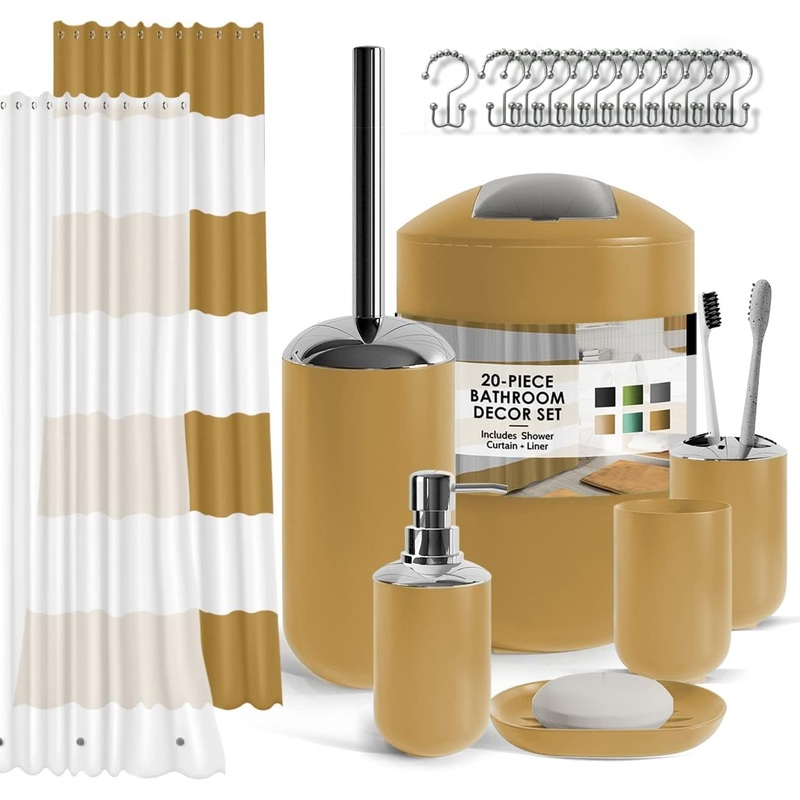 Clara Clark Bathroom Set – Gold Bathroom Accessories Set, 20PC Bathroom Accessory Set, Shower Curtain Set with Liner, Toothbrush Holder, Soap Dispenser, Soap Dish, Toilet Brush Holder, and Trash Can | Bigbigmart.com