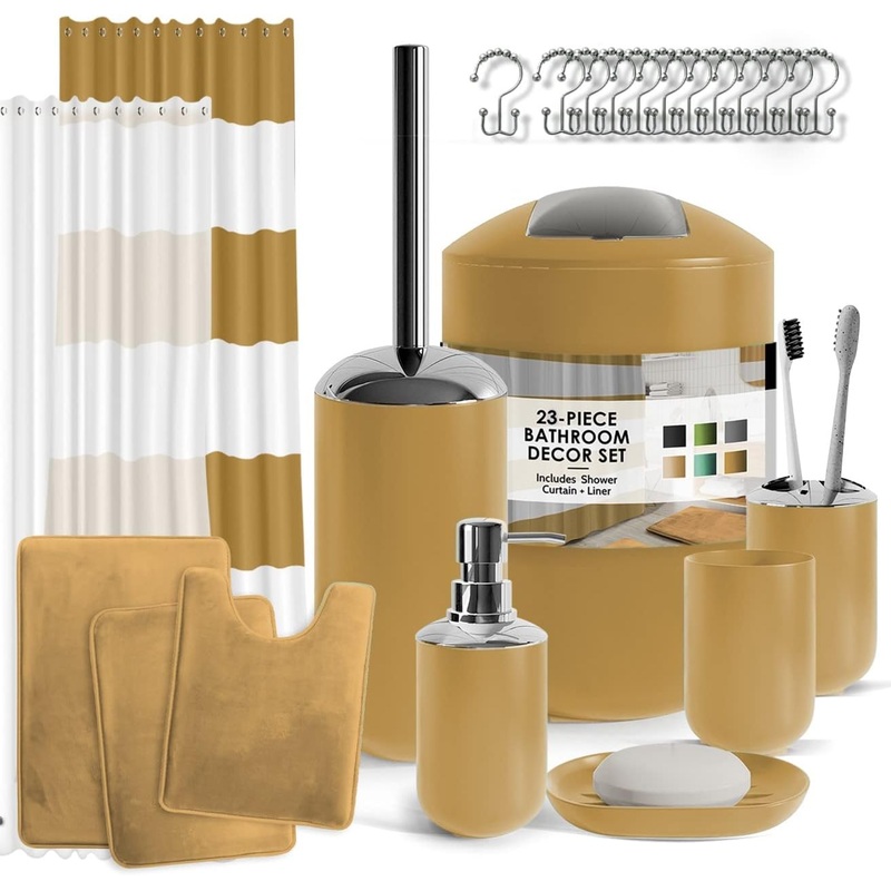 Clara Clark Bathroom Set – Gold Bathroom Accessories Set, Bathroom Sets with Shower Curtain and Rugs, 23PC Shower Curtain Set with Liner, Soap Dispenser, Soap Dish, Toilet Brush Holder, and Trash Can | Bigbigmart.com