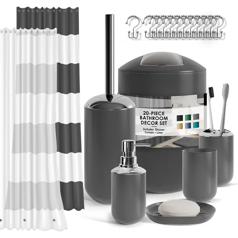 Clara Clark Bathroom Set – Gray Bathroom Accessories Set, 20PC Bathroom Accessory Set, Shower Curtain Set with Liner, Toothbrush Holder, Soap Dispenser, Soap Dish, Toilet Brush Holder, and Trash Can | Bigbigmart.com