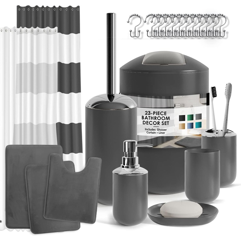 Clara Clark Bathroom Set – Gray Bathroom Accessories Set, Bathroom Sets with Shower Curtain and Rugs, 23PC Shower Curtain Set with Liner, Soap Dispenser, Soap Dish, Toilet Brush Holder, and Trash Can | Bigbigmart.com