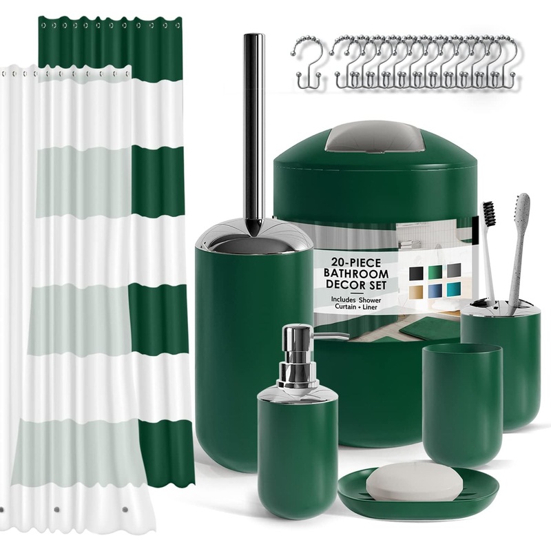 Clara Clark Bathroom Set – Green Bathroom Accessories Set, 20PC Bathroom Accessory Set, Shower Curtain Set with Liner, Toothbrush Holder, Soap Dispenser, Soap Dish, Toilet Brush Holder, and Trash Can | Bigbigmart.com