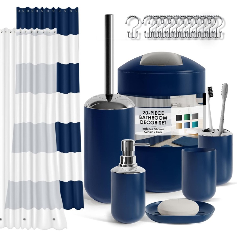 Clara Clark Bathroom Set – Navy Bathroom Accessories Set, 20PC Bathroom Accessory Set, Shower Curtain Set with Liner, Toothbrush Holder, Soap Dispenser, Soap Dish, Toilet Brush Holder, and Trash Can | Bigbigmart.com