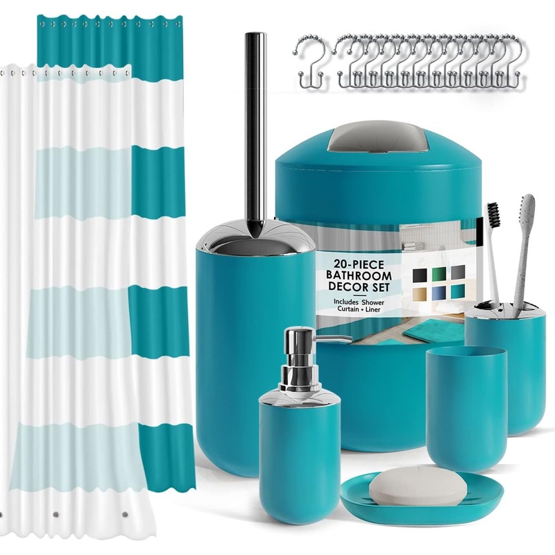 Clara Clark Bathroom Set – Teal Bathroom Accessories Set, 20PC Bathroom Accessory Set, Shower Curtain Set with Liner, Toothbrush Holder, Soap Dispenser, Soap Dish, Toilet Brush Holder, and Trash Can | Bigbigmart.com