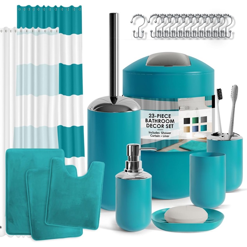 Clara Clark Bathroom Set – Teal Bathroom Accessories Set, Bathroom Sets with Shower Curtain and Rugs, 23PC Shower Curtain Set with Liner, Soap Dispenser, Soap Dish, Toilet Brush Holder, and Trash Can | Bigbigmart.com