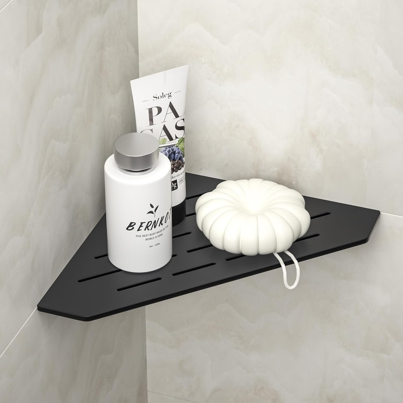 Corner Shower Shelf 10 Matte Black 304 Stainless Steel Pentagonal Heavy Duty Floating Corner Shelf Slot Design Recessed Bathroom Shelf for Tiled Wall, No Drilling Needed | Bigbigmart.com