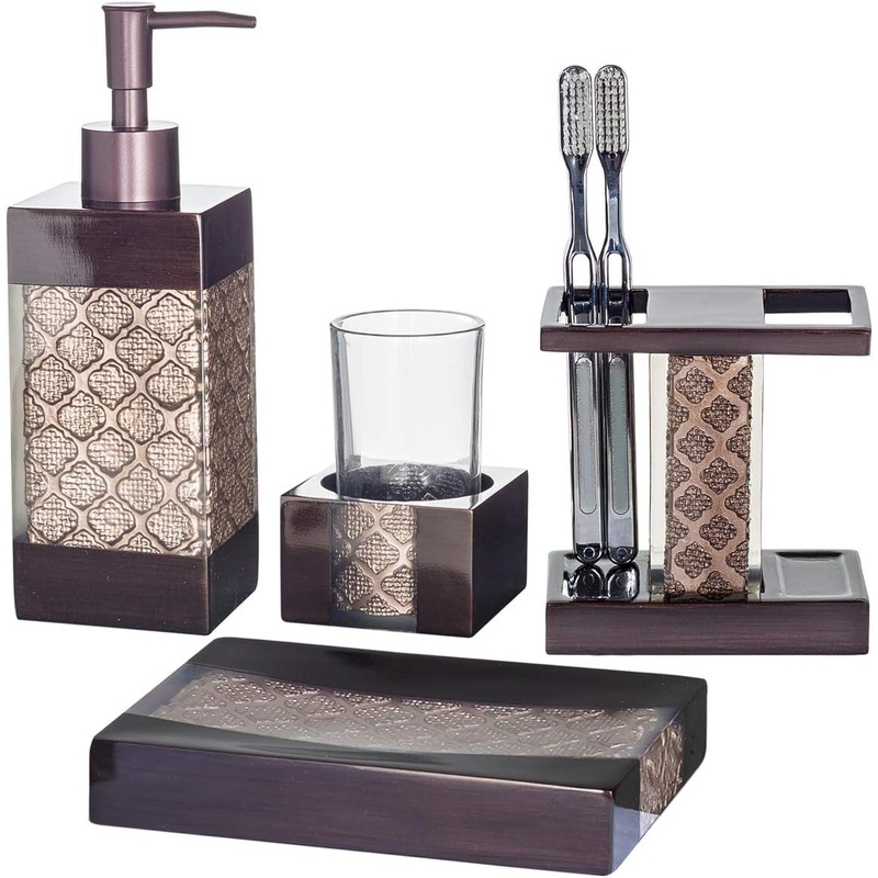 Creative Scents Bronze Bathroom Accessory Sets – Decorative 4 Piece Bathroom Set includes: Soap Dispenser, Toothbrush Holder, Tumbler and Soap Dish (Dahlia Collection) | Bigbigmart.com